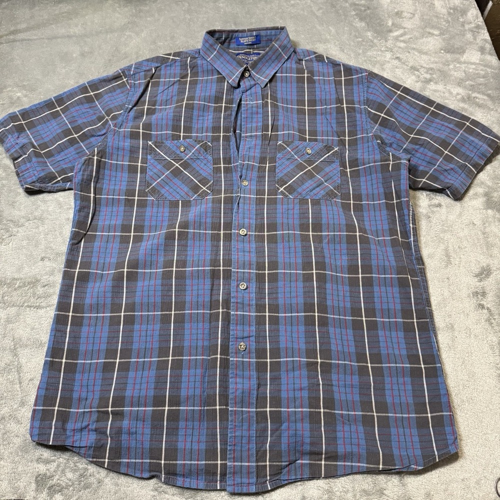 Pendleton Button Down Short Sleeve Shirt Mens L Blue Plaid Santiam Western